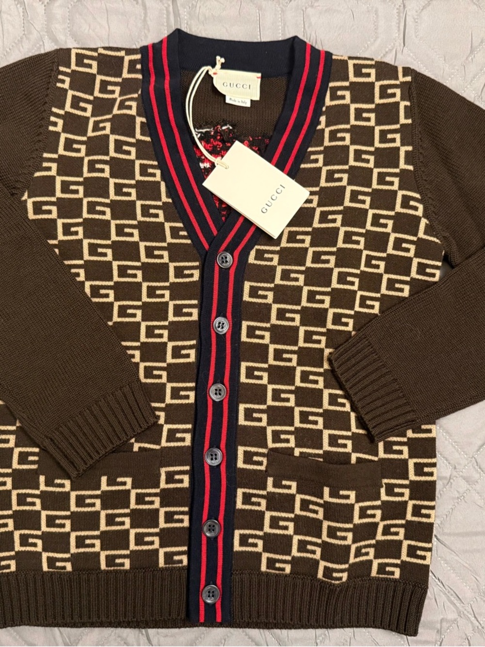 Gucci Boys GG Logo Jacquard Wool Sweater Sz 8 Brown Beige NWT Authentic $630